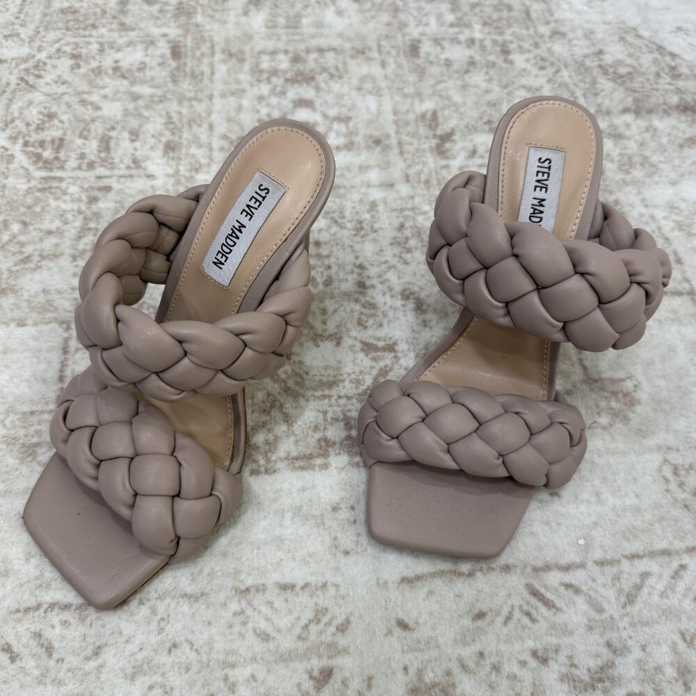 Steve Madden Heeled Sandals Womens 6.5 Taupe Braided Strap Square Toe KENL02S1